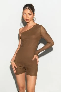 SOLADO Oblique Shoulder One Sleeve Romper Playsuit