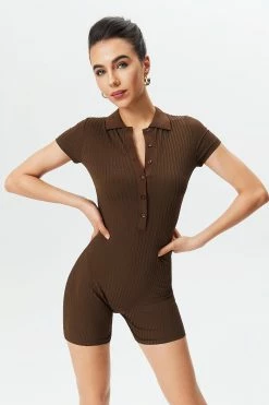 Solado Half Button Solid Ribbed Jumpsuit