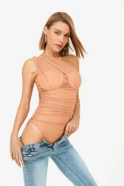 SOLADO Mesh One Shoulder Pleated Bodysuit