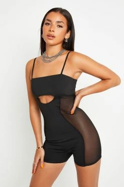 SOLADO Cut Out Mesh Splicing Backless Romper Playsuit