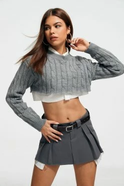 Solado Cable Knit Lettuce Trim Crop Sweater Without Shirt