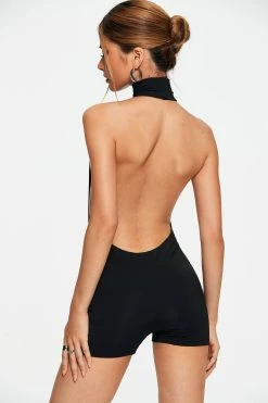 SOLADO Mock Neck Open Back Solid Romper Playsuit Without Waist Chain