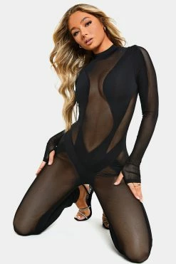 SOLADO Mesh Splicing Long Sleeve Solid Jumpsuit