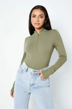 SOLADO Mock Neck Zipper Front Long Sleeve Bodysuit
