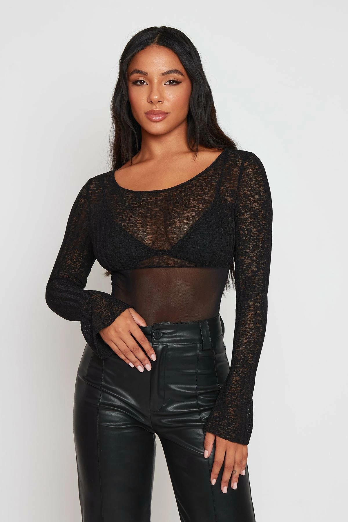 SOLADO Mesh Splicing Flared Sleeve Bodysuit 1 SOLADO Mesh Splicing Flared Sleeve Bodysuit