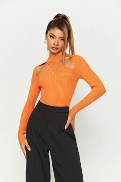 SOLADO Cut Out Cross Over Ribbed Knit Sweater
