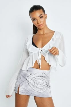 Solado Plunging Neck Tie Front Frill Trim Mesh Cardigan Without Bra