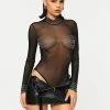 Solado High Neck Rhinestone Decor Long Sleeve Mesh Bodysuit