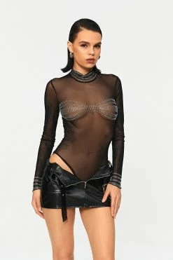 Solado High Neck Rhinestone Decor Long Sleeve Mesh Bodysuit
