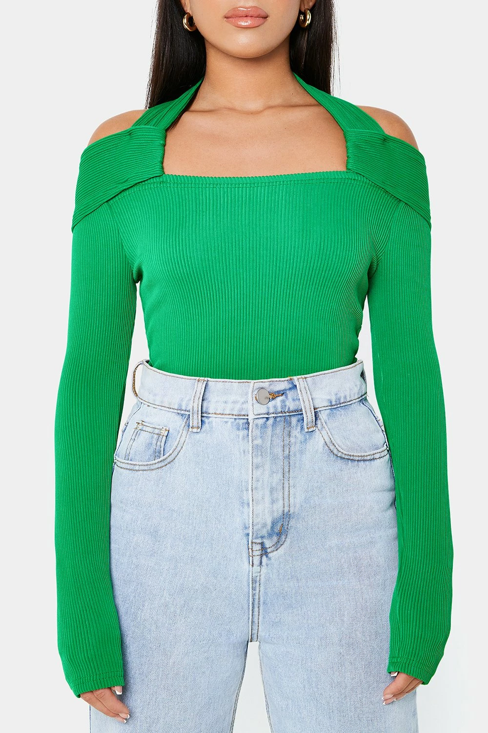 SOLADO Halter Neck Cold Shoulder Ribbed Knit Bodysuit - Image 6