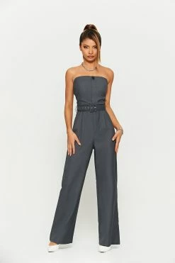 SOLADO Off Shoulder Single Buttoned Solid Wide Leg Jumpsuit With Belt