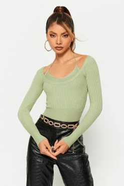 SOLADO 2 In 1 Halter Neck Long Sleeve Stripe Knit Sweater