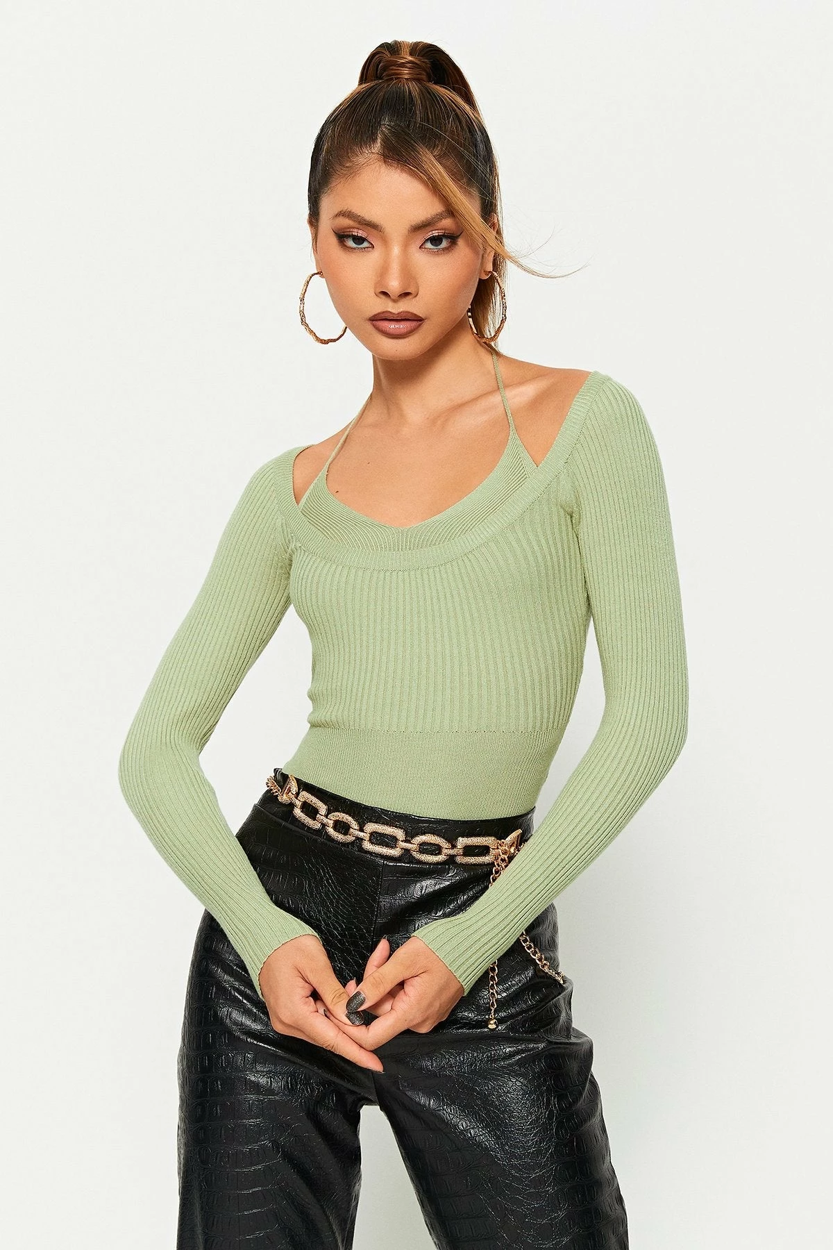 SOLADO 2 In 1 Halter Neck Long Sleeve Stripe Knit Sweater 1 SOLADO 2 In 1 Halter Neck Long Sleeve Stripe Knit Sweater