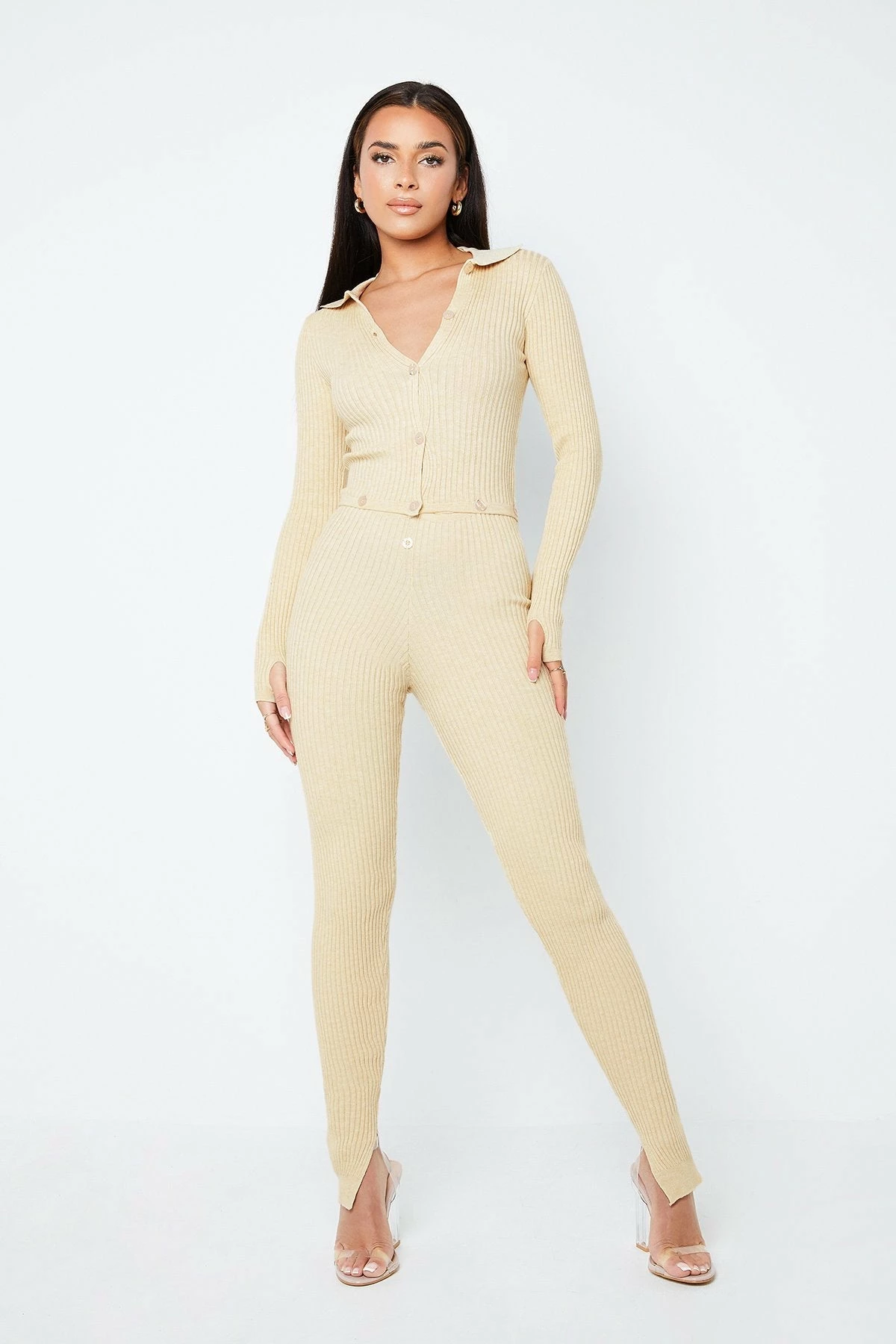 Solado Button Front Thumb Hole Split Hem Knitted Jumpsuit