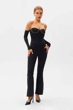 SOLADO Cold Shoulder Rhinestone Decor Flared Jumpsuit