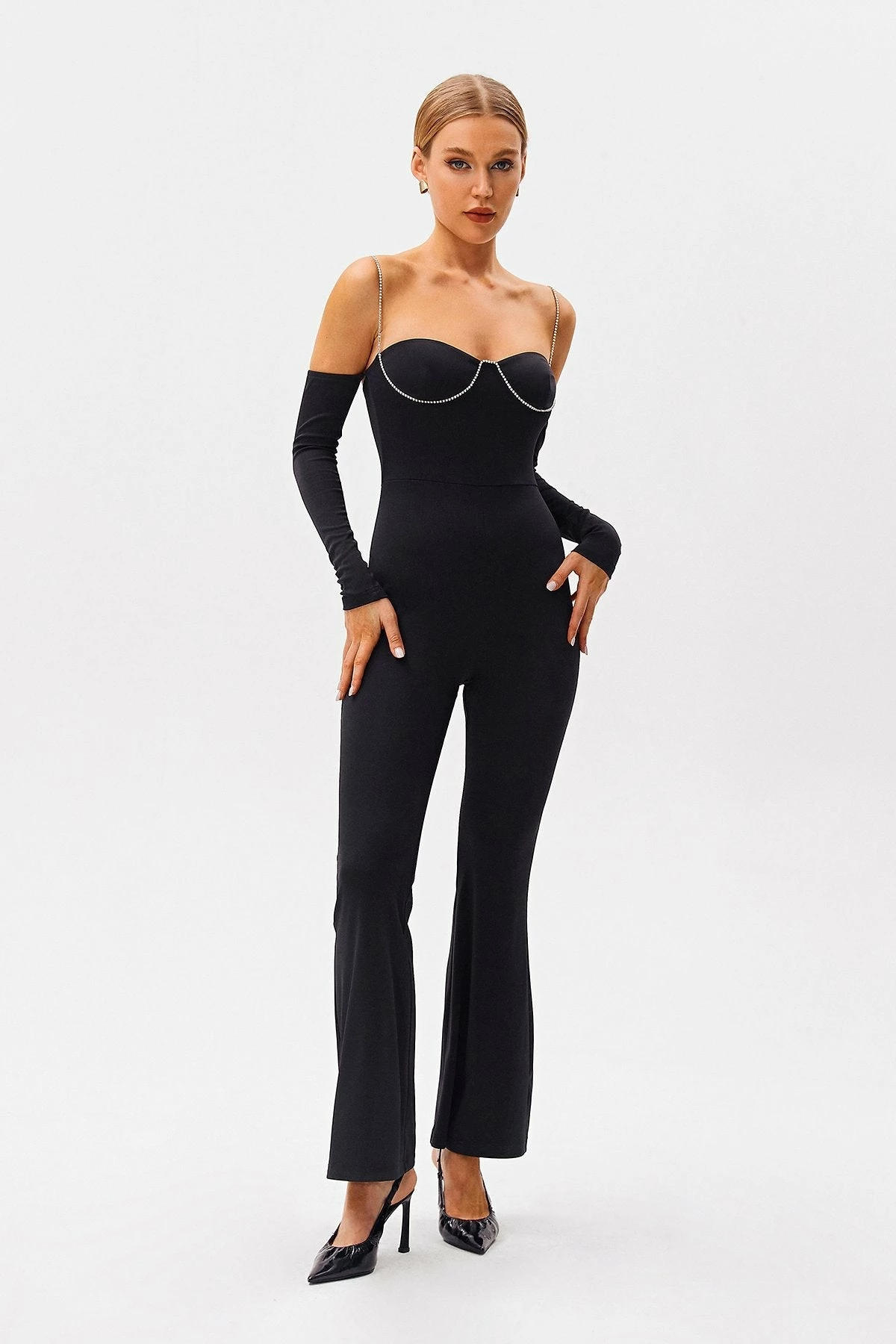 SOLADO Cold Shoulder Rhinestone Decor Flared Jumpsuit 1 SOLADO Cold Shoulder Rhinestone Decor Flared Jumpsuit