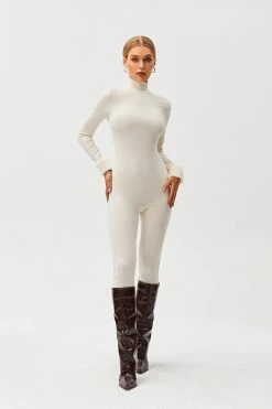 SOLADO High Neck Fluffy Trim Long Sleeve Skinny Jumpsuit