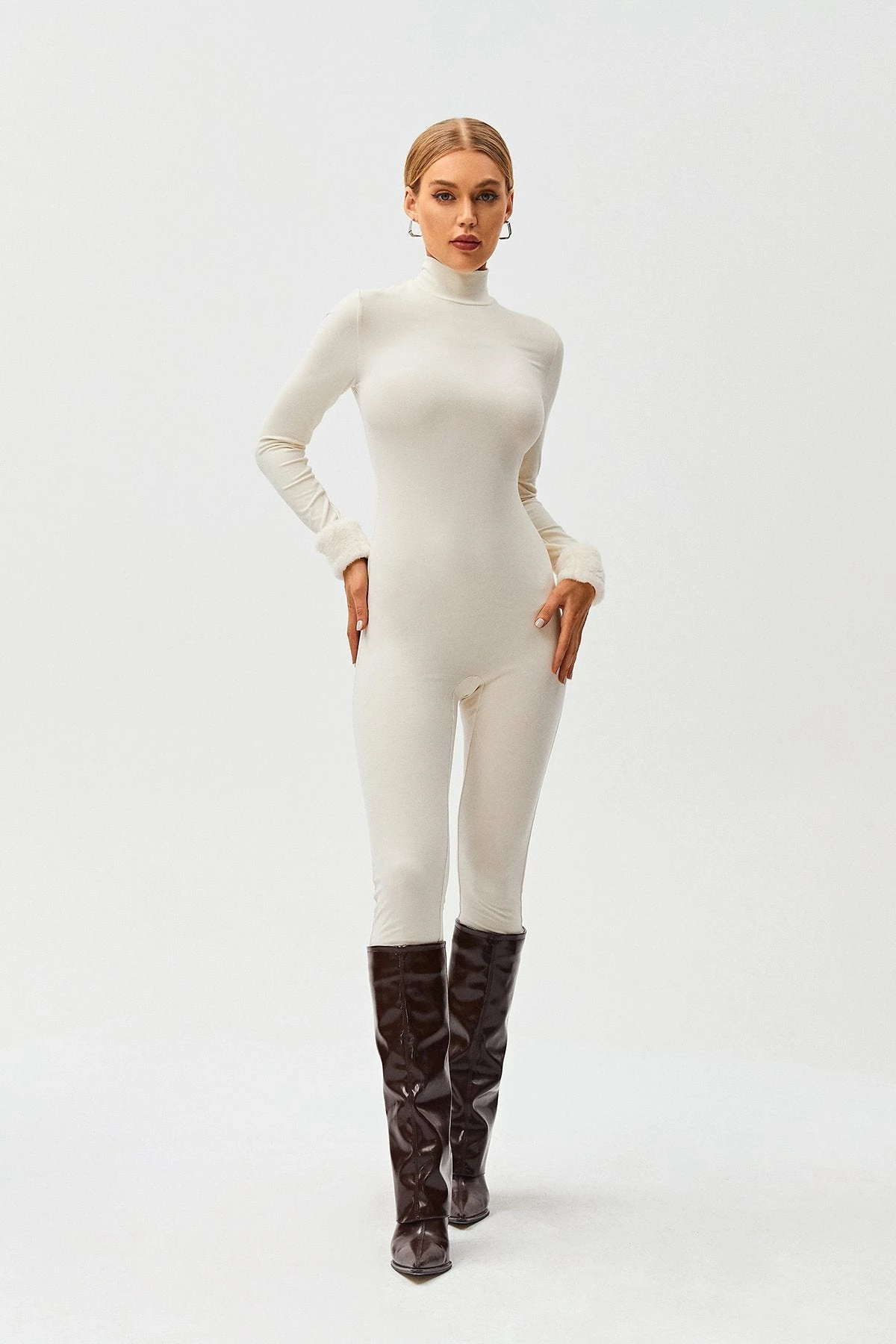 SOLADO High Neck Fluffy Trim Long Sleeve Skinny Jumpsuit