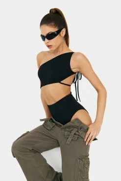 SOLADO Cut Out Lace Up Backless One Shoulder Bodysuit