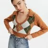 Solado Quilted Print Lapel Neck Crop Long Sleeve Sweater