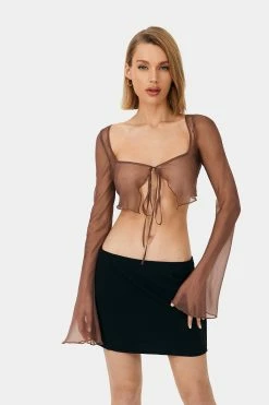 SOLADO Mesh Tie Front Flare Long Sleeve Top