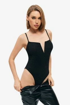 Solado Lurex Notched Neck Solid Backless Bodysuit