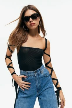 Alternative view of SOLADO Off Shoulder Cross Tie Backless Mesh Bodysuit