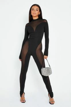 SOLADO Mesh Splicing Split Hem Long Sleeve Jumpsuit