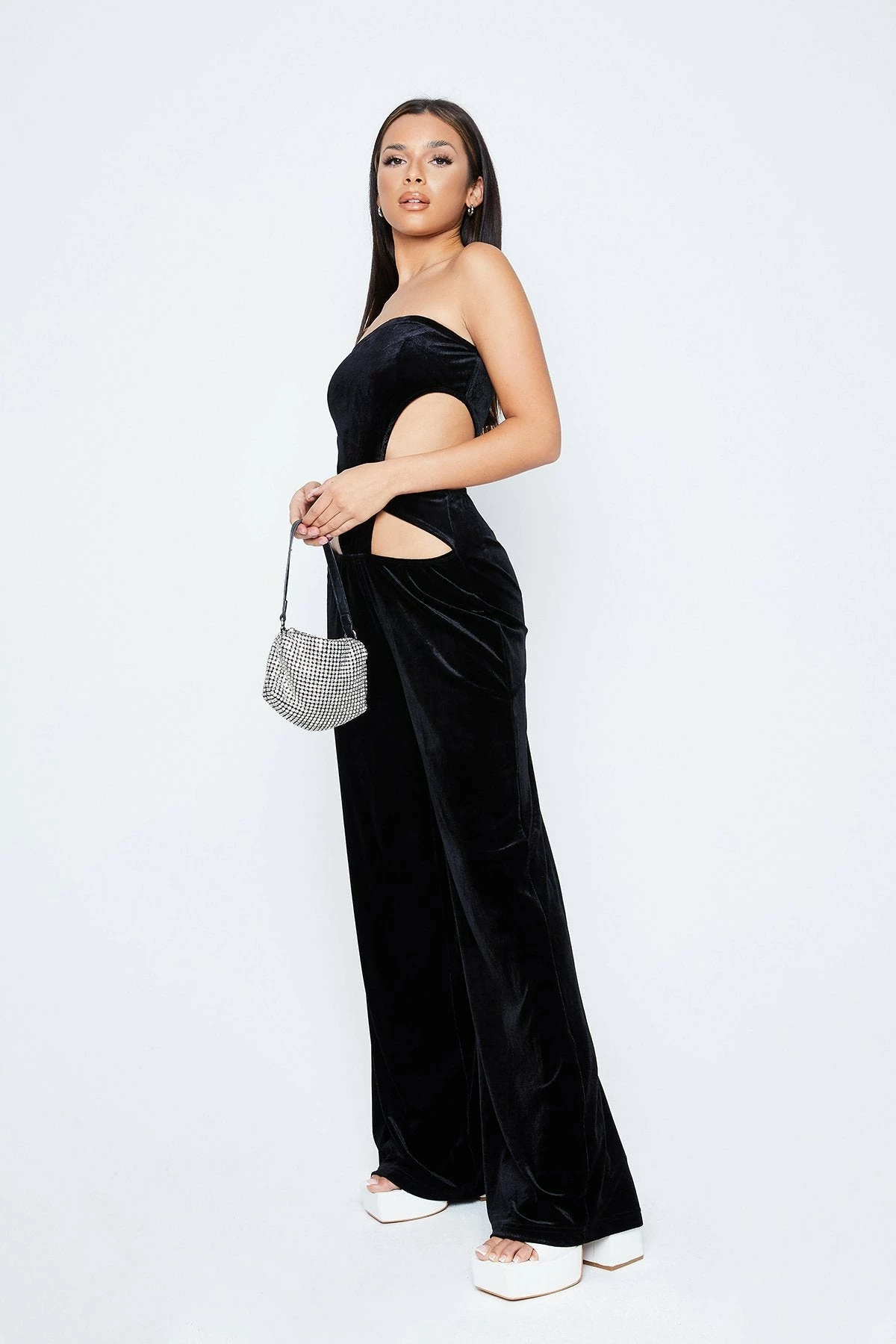 SOLADO Off Shoulder Cut Out Velvet Wide Leg Jumpsuit 4 SOLADO Off Shoulder Cut Out Velvet Wide Leg Jumpsuit - Image 4
