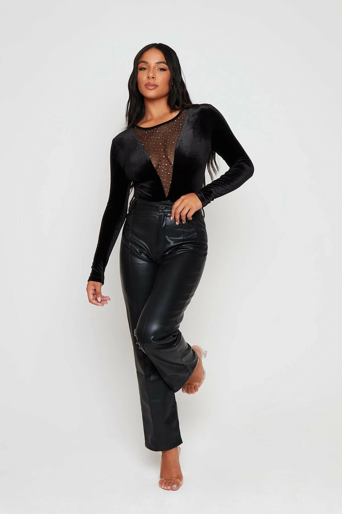 SOLADO Glitter Mesh Splicing Long Sleeve Velvet Bodysuit 4 SOLADO Glitter Mesh Splicing Long Sleeve Velvet Bodysuit - Image 4