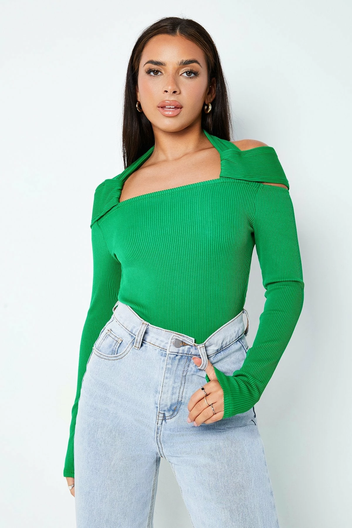 SOLADO Halter Neck Cold Shoulder Ribbed Knit Bodysuit