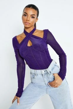 Solado Halter Neck Mesh Splicing Long Sleeve Bodysuit