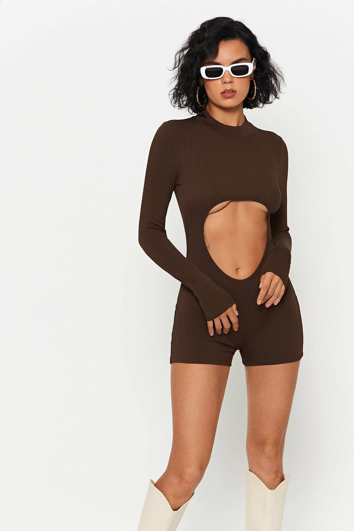 SOLADO Cut Out Solid Ribbed Long Sleeve Romper Playsuit 2 SOLADO Cut Out Solid Ribbed Long Sleeve Romper Playsuit - Image 2