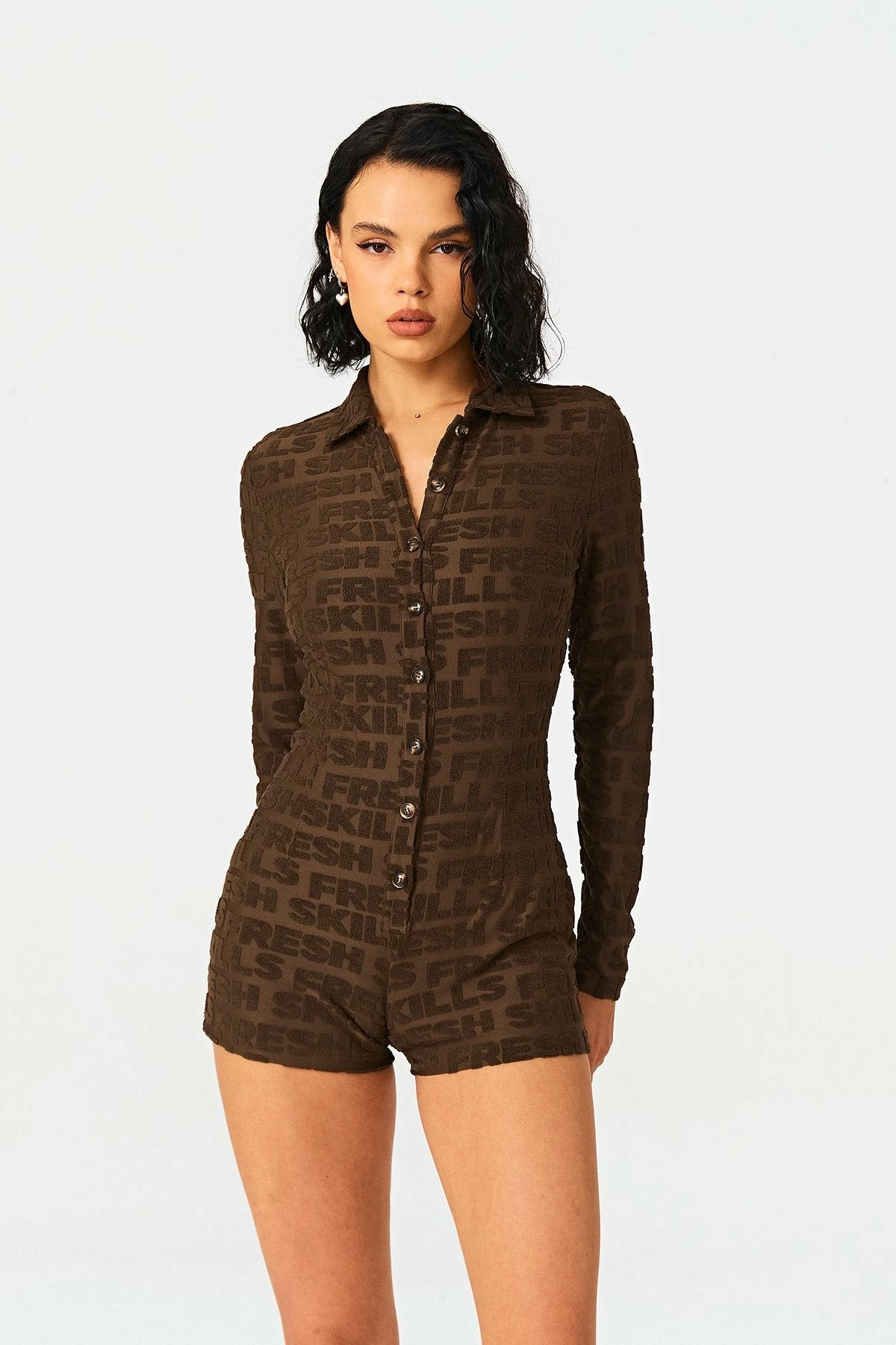 SOLADO Lapel Neck Button Front Letter Print Romper Playsuit 2 SOLADO Lapel Neck Button Front Letter Print Romper Playsuit - Image 2
