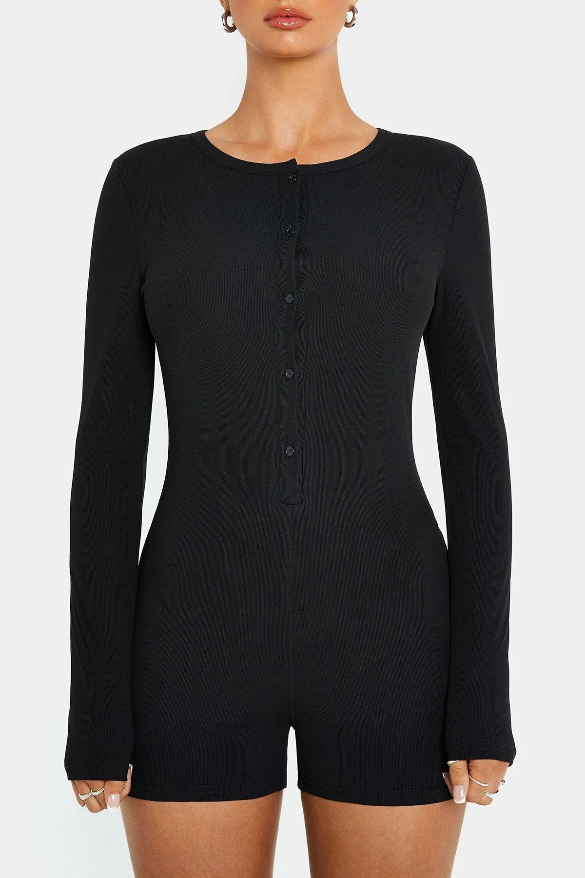SOLADO Ribbed Button Front Long Sleeve Solid Romper Playsuit 6 SOLADO Ribbed Button Front Long Sleeve Solid Romper Playsuit - Image 6