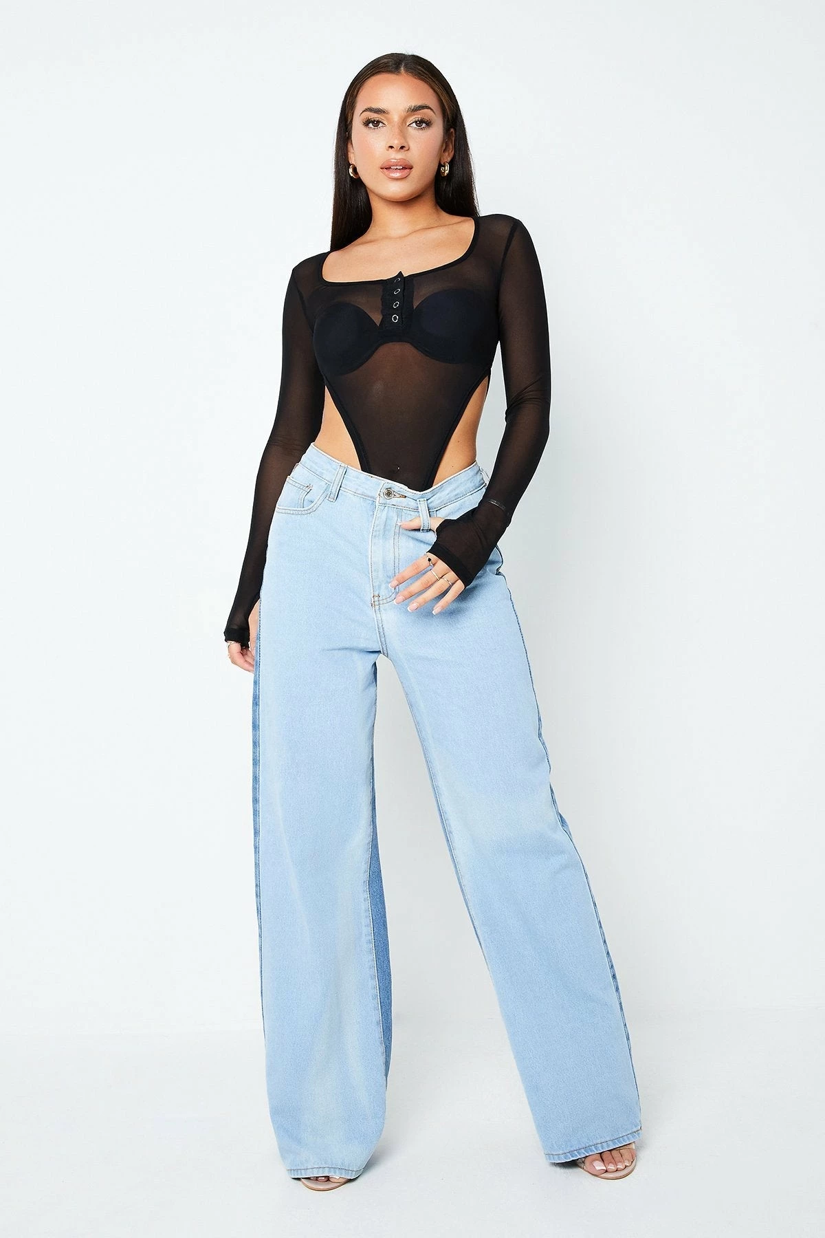 Solado Half Button Thumb Hole Long Sleeve Mesh Bodysuit Without Bra - Image 5