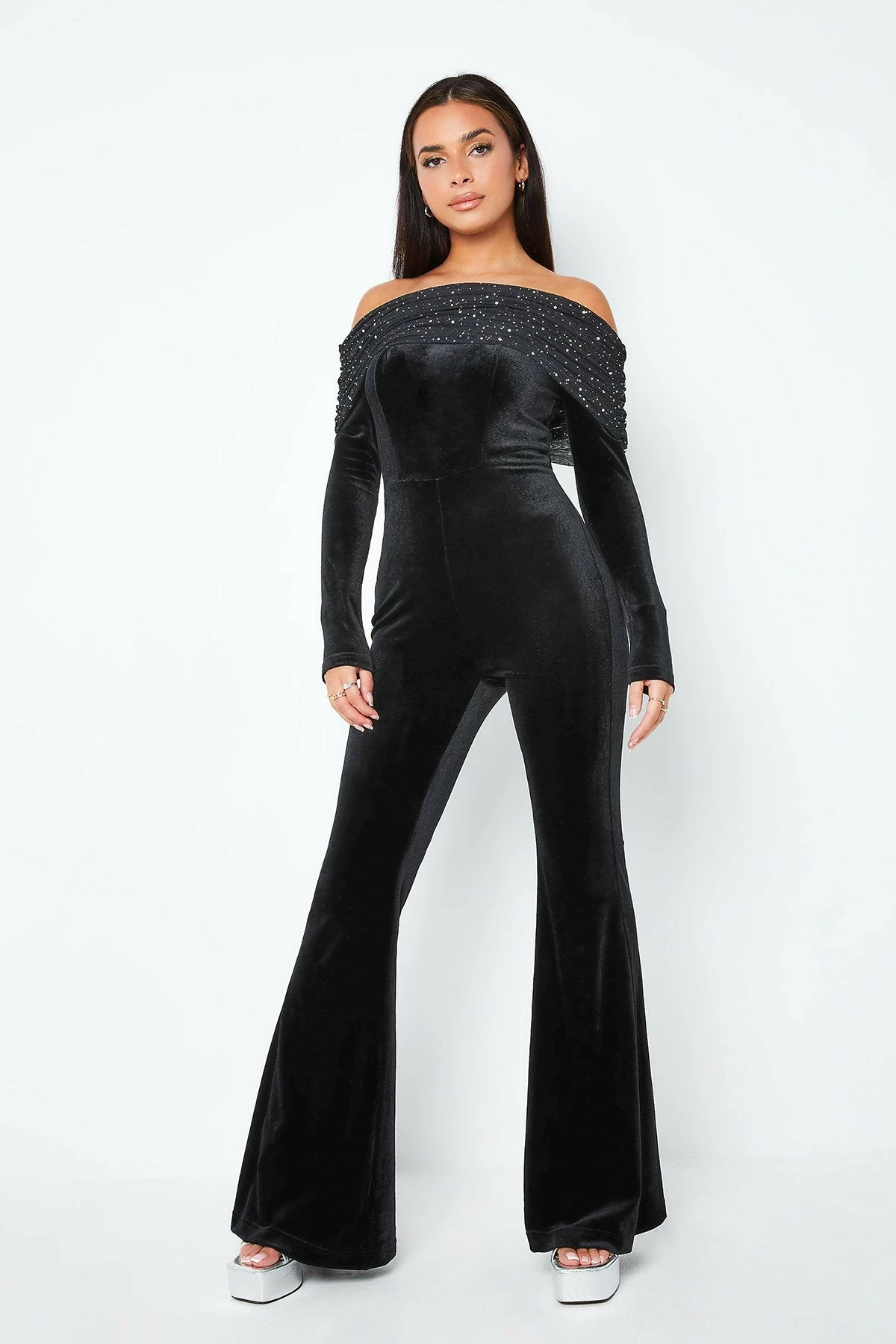 SOLADO Off Shoulder Rhinestone Decor Long Sleeve Jumpsuit 3 SOLADO Off Shoulder Rhinestone Decor Long Sleeve Jumpsuit - Image 3