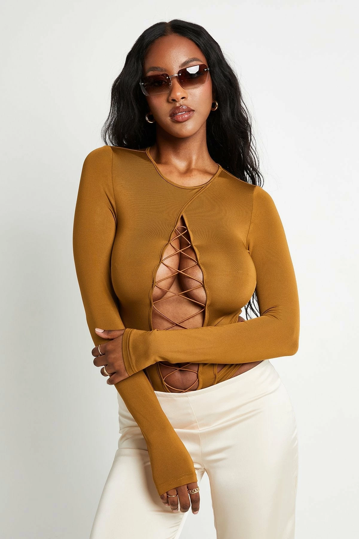 SOLADO Lace Up Cut Out Long Sleeve Solid Bodysuit 2 SOLADO Lace Up Cut Out Long Sleeve Solid Bodysuit - Image 2