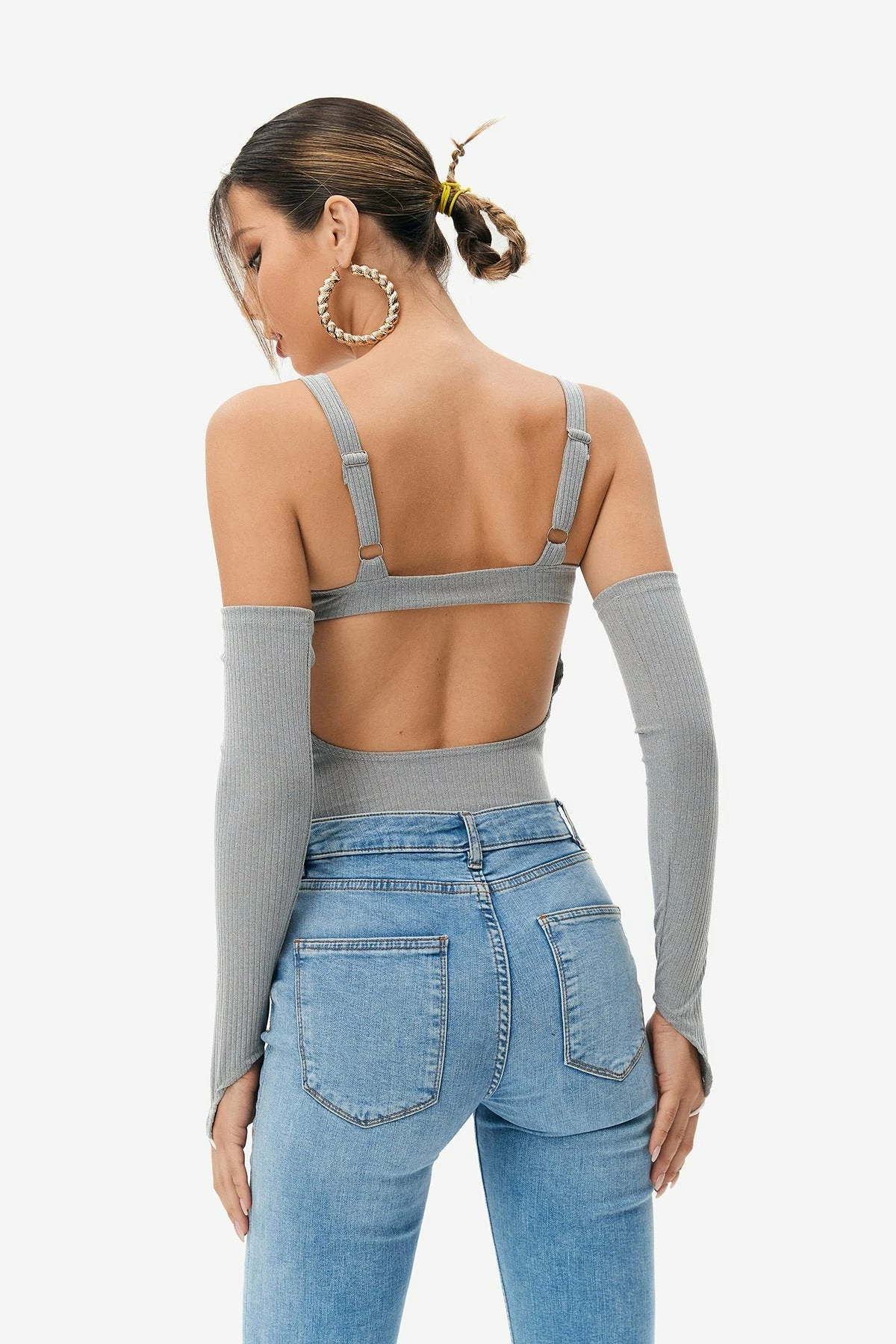 Solado Ribbed Cold Shoulder Backless Bodysuit With Oversleeve 2 Solado Ribbed Cold Shoulder Backless Bodysuit With Oversleeve - Image 2