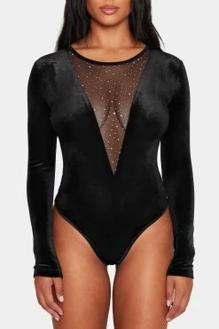 SOLADO Glitter Mesh Splicing Long Sleeve Velvet Bodysuit