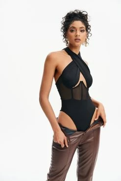 Solado Crisscross Neck Mesh Splicing Boning Backless Bodysuit