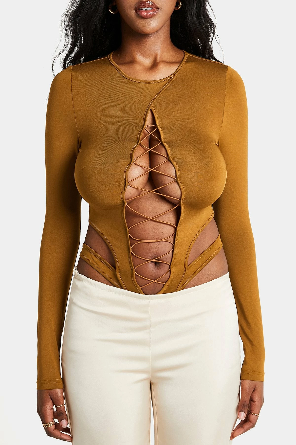 SOLADO Lace Up Cut Out Long Sleeve Solid Bodysuit 6 SOLADO Lace Up Cut Out Long Sleeve Solid Bodysuit - Image 6