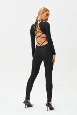 SOLADO Lace Up Open Back Long Sleeve Skinny Jumpsuit