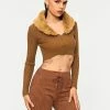 Solado Fluffy Trim Stripe Knitted Long Sleeve Crop Sweater