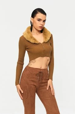 Solado Fluffy Trim Stripe Knitted Long Sleeve Crop Sweater