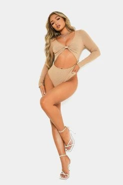 SOLADO Bow Front Cut Out Ribbed Long Sleeve Bodysuit