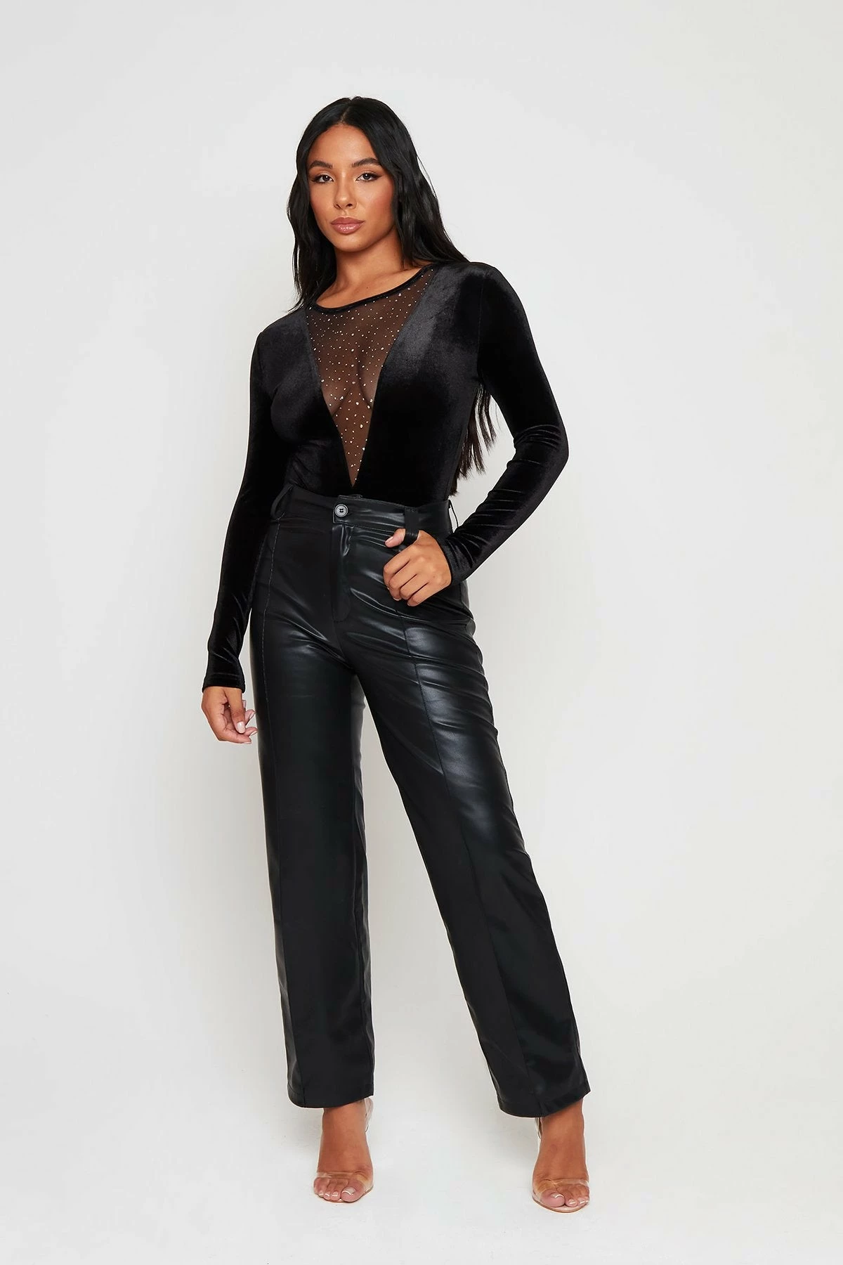 SOLADO Glitter Mesh Splicing Long Sleeve Velvet Bodysuit 3 SOLADO Glitter Mesh Splicing Long Sleeve Velvet Bodysuit - Image 3