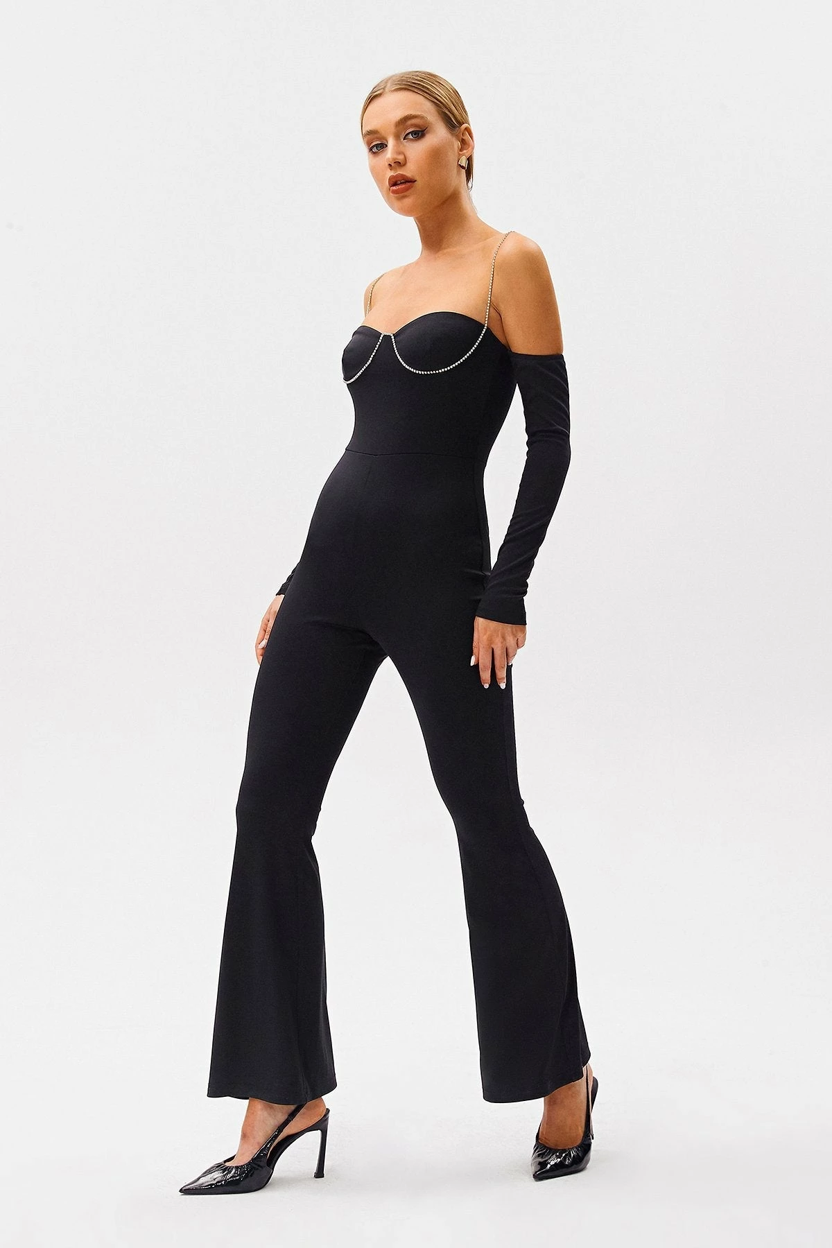 SOLADO Cold Shoulder Rhinestone Decor Flared Jumpsuit 3 SOLADO Cold Shoulder Rhinestone Decor Flared Jumpsuit - Image 3