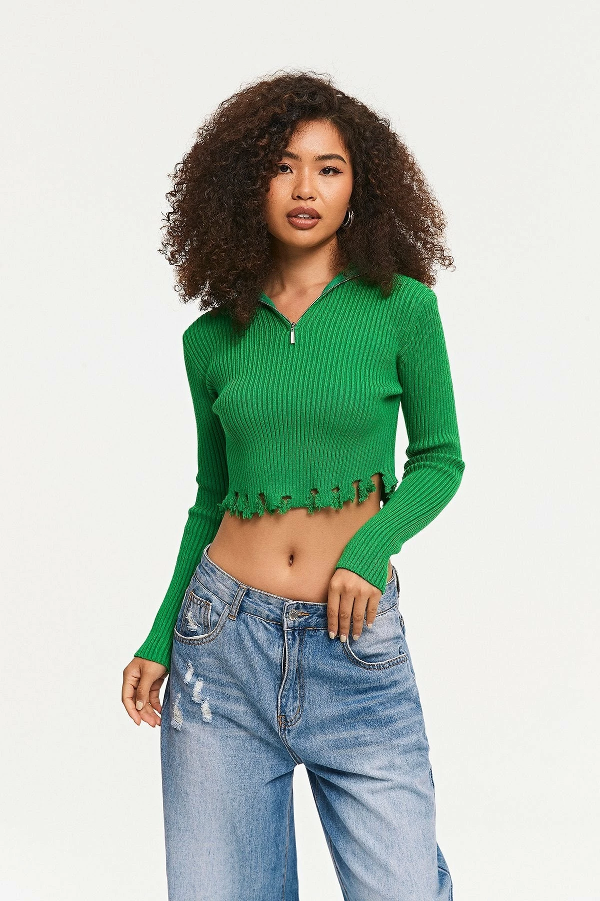 Solado Zipper Front Asymmetrical Hem Ribbed Knit Sweater - Image 2