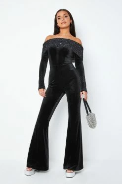 Alternative view of SOLADO Off Shoulder Rhinestone Decor Long Sleeve Jumpsuit
